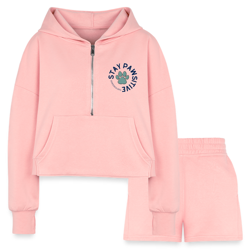 Stay Pawsitive Women’s Cropped Hoodie & Jogger Short Set - light pink